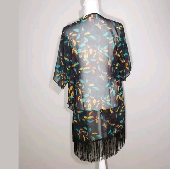 LuLaRoe Black Sheer Kimono | Teal & Orange Leaf Print | Fringe Hem | Small - Picture 5 of 6